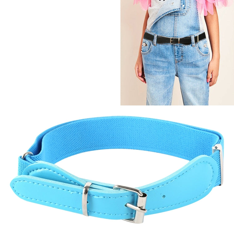 Kids elastic belt with PU leather square pin buckle, adjustable 65cm, light blue