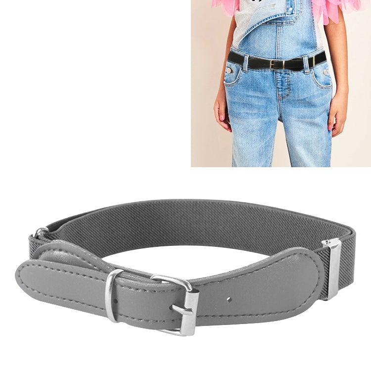 Kids elastic belt with PU leather square pin buckle, adjustable 65cm, grey