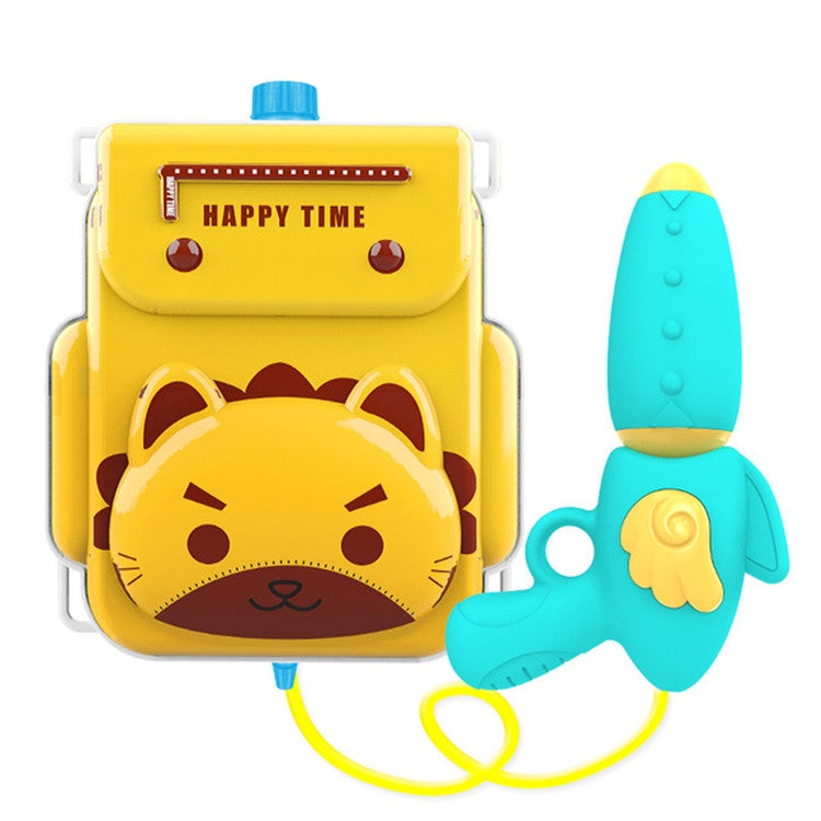 Kids backpack water gun toy with cute tiger face and blue nozzle, yellow body