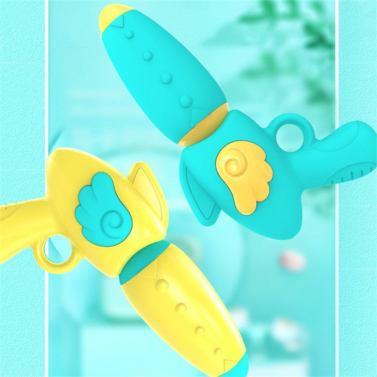Teal water gun toy with yellow accents and thumb trigger, water nozzle end shown