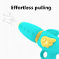 Teal and yellow animal water gun toy with handle trigger, front nozzle close-up