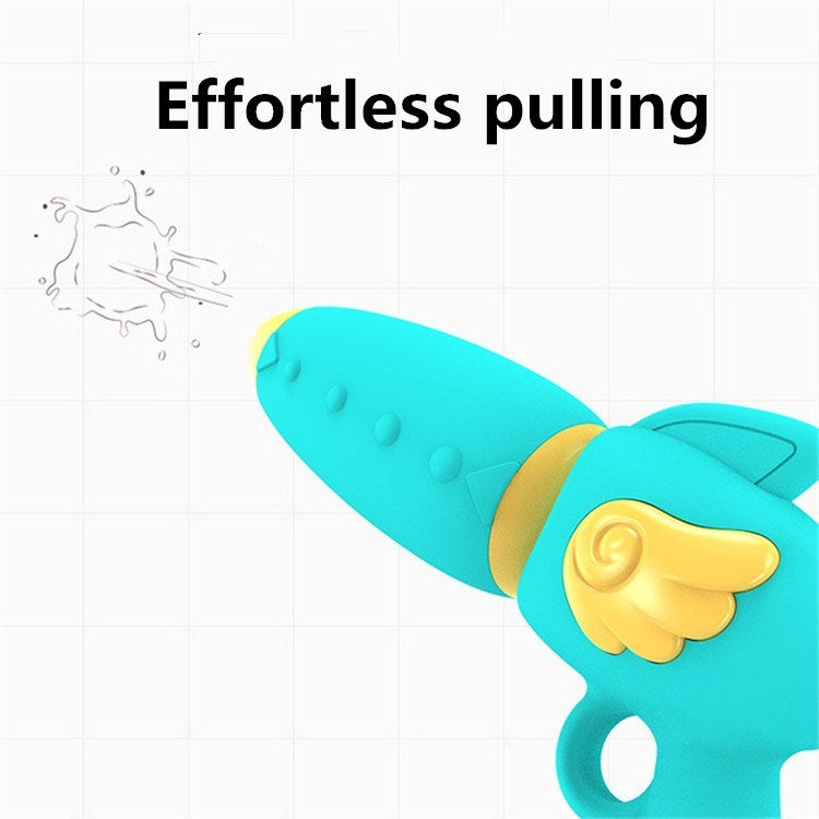 Teal and yellow animal water gun toy with handle trigger, front nozzle close-up