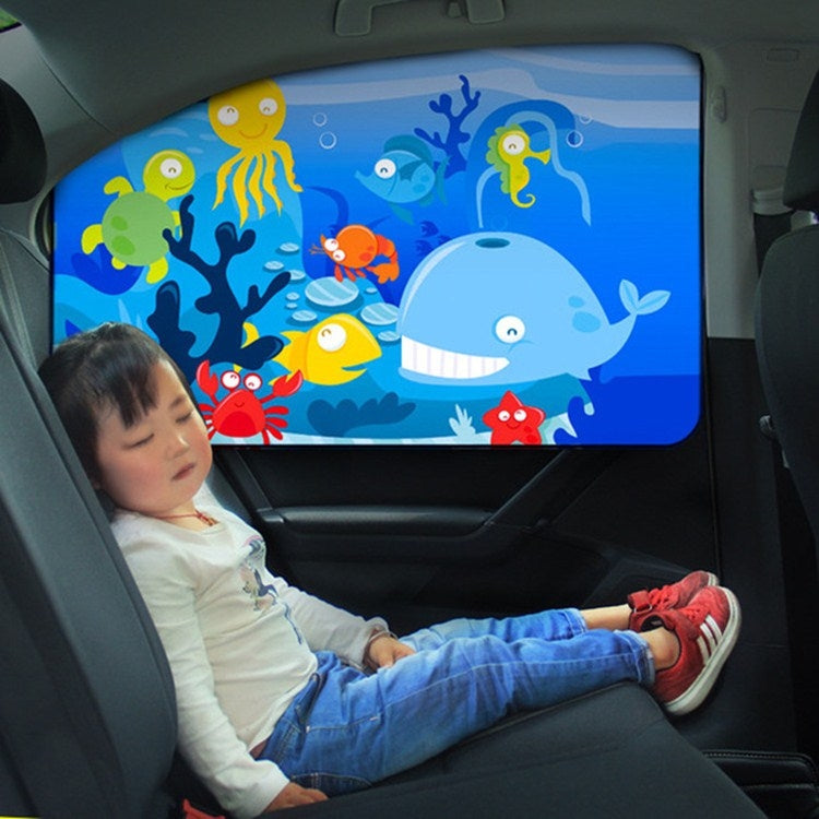 Underwater animal car sunshade installed on rear window with a child seated inside.