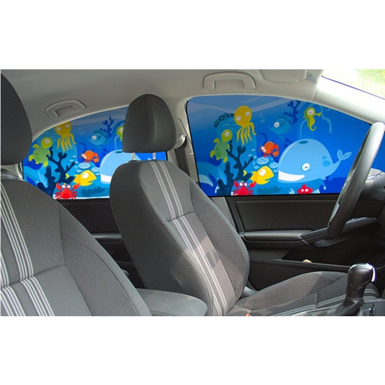 Underwater cartoon magnetic sunshade on the rear side window of a car.