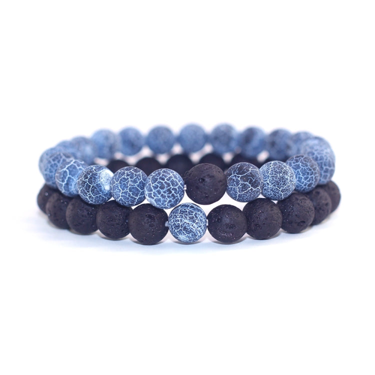 Couples lava bead bracelet set: black and blue crackle beads, double stack