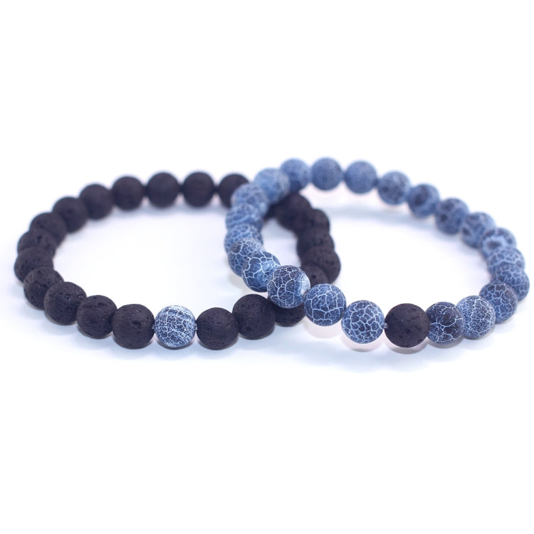 Two lava bead bracelets: black and blue crackle round beads, side view
