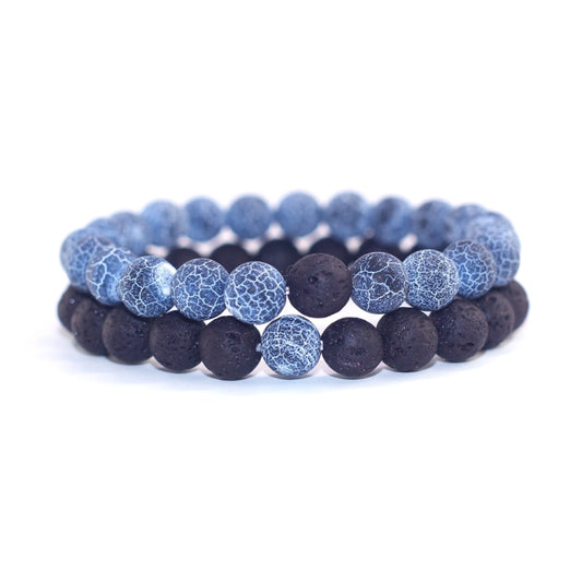 Couples lava bead bracelet set: black and blue crackle beads, double stack