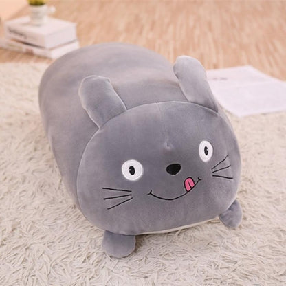Gray cartoon cat plush cushion pillow with big round eyes and smiling mouth