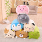 Assorted animal plush cushion pillows, featuring pig, cat, penguin, frog, and dog