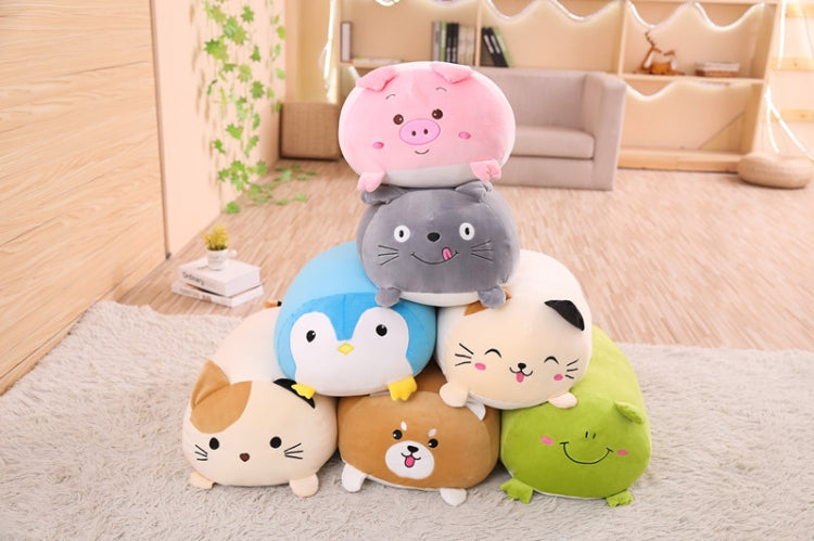 Assorted animal plush cushion pillows, featuring pig, cat, penguin, frog, and dog
