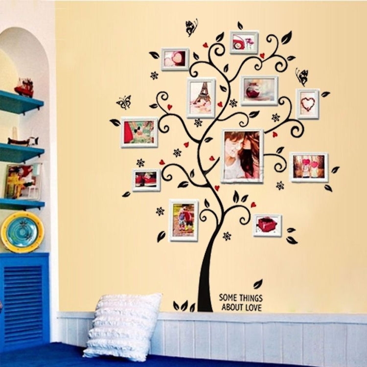 Photo tree wall sticker with scrolling vines, hearts, butterflies, and photo square frames