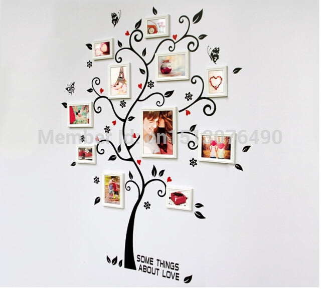 Photo tree wall sticker with full tree silhouette and multiple photo frames with hearts