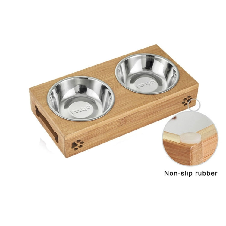 Bamboo pet feeding and water bowl set with two stainless steel bowls and non-slip feet
