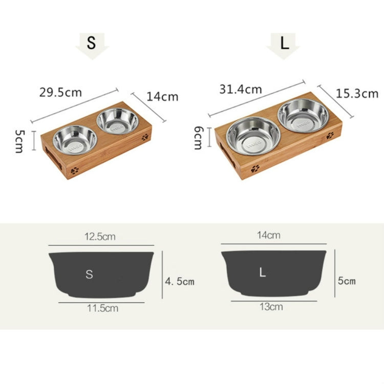 Bamboo pet feeding bowl set size chart for S and L with two stainless bowls