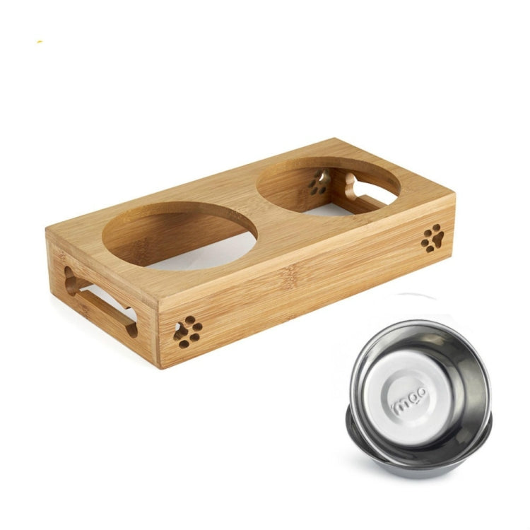 Bamboo raised pet bowl stand with two round slots and one stainless steel bowl