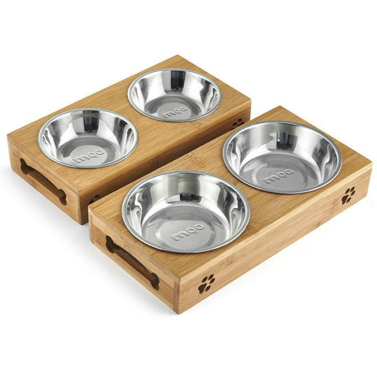 Two bamboo raised pet bowl stands with four stainless steel bowls