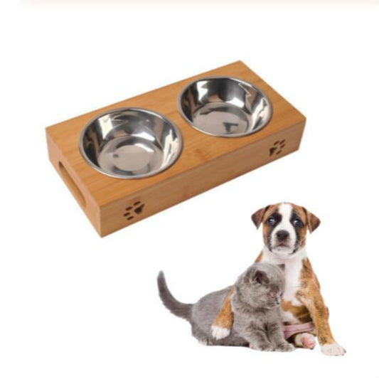 Cat Dog Pet Stainless Steel Feeding and Drinking Bowls Combination With Bamboo Frame, S, L