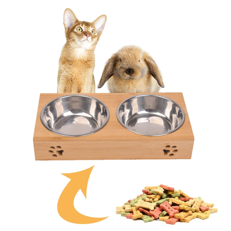 Bamboo pet feeding and water bowl set with two stainless steel bowls and paw cutouts
