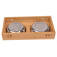 Bamboo pet bowl stand with two stainless steel bowls, front view