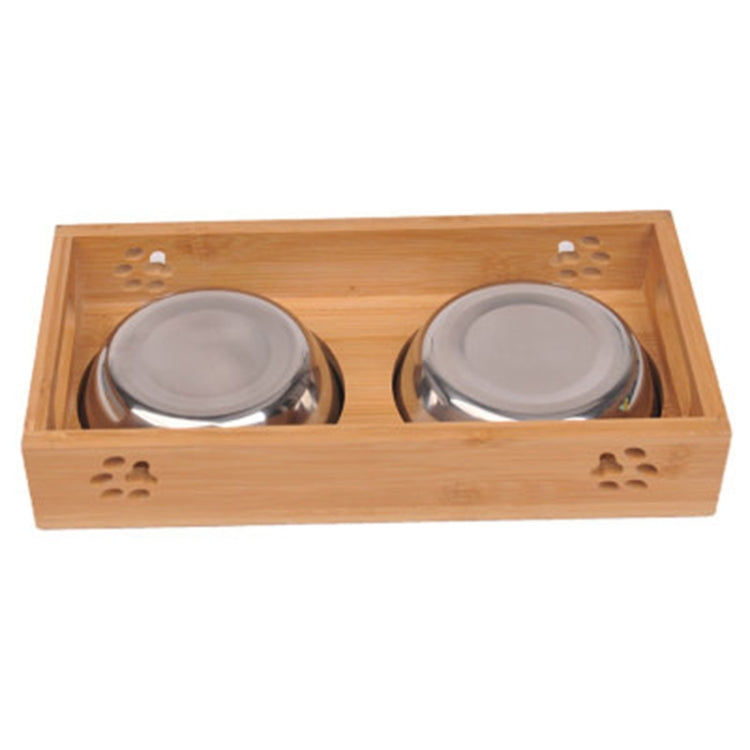 Bamboo pet bowl stand with two stainless steel bowls, front view