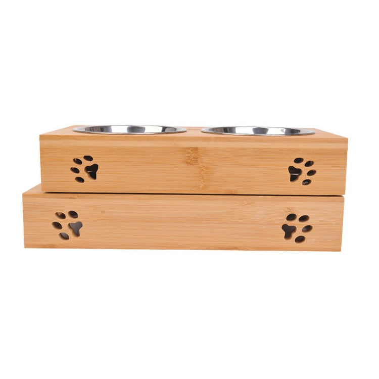 Stacked bamboo pet bowl stands with four stainless steel bowls and paw designs