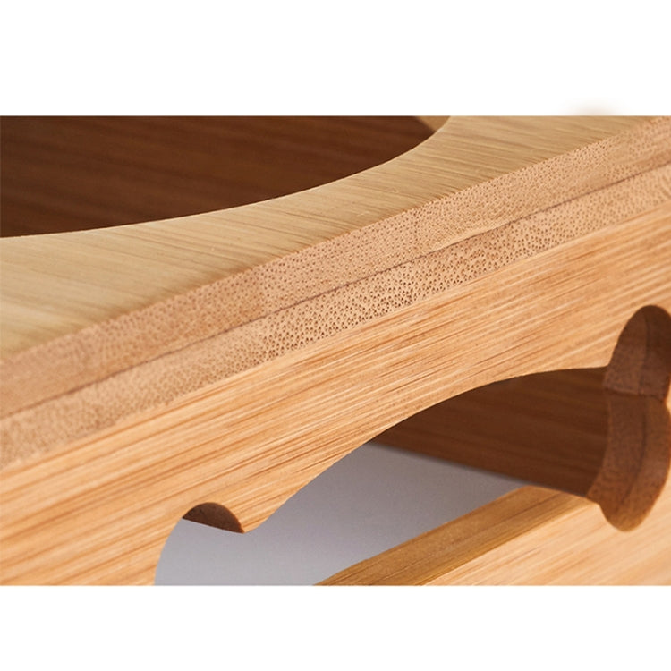 Close-up of bamboo pet bowl stand with textured non-slip underside