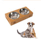 Bamboo raised stand with two stainless steel bowls for pets