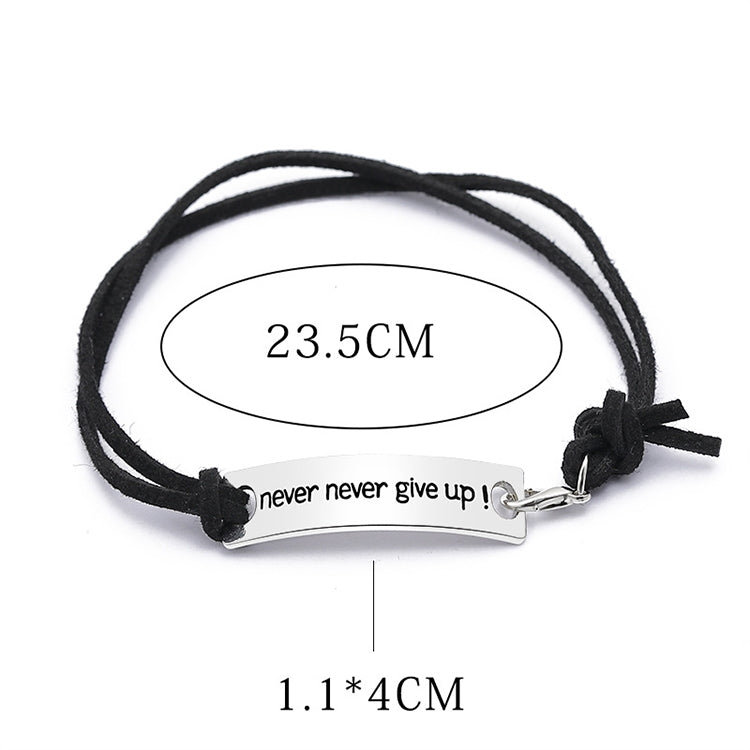 Black cord bracelet with silver bar and “never never give up!” text, 23.5cm length