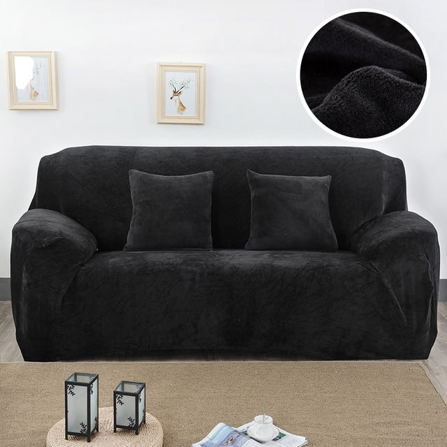 Black plush sofa slipcover, thick fitted elastic cover with arm and back sections