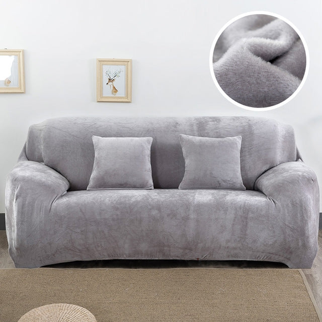 Grey plush sofa slipcover, thick elastic fitted cover with three seat and back cushions