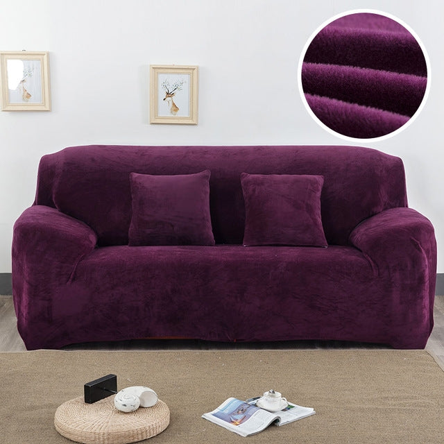 Plush sofa cover in deep purple, thick elastic slipcover fit, no pillows included