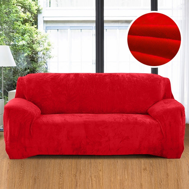 Plush sofa cover in red, thick elastic slipcover fit with full sofa arm coverage