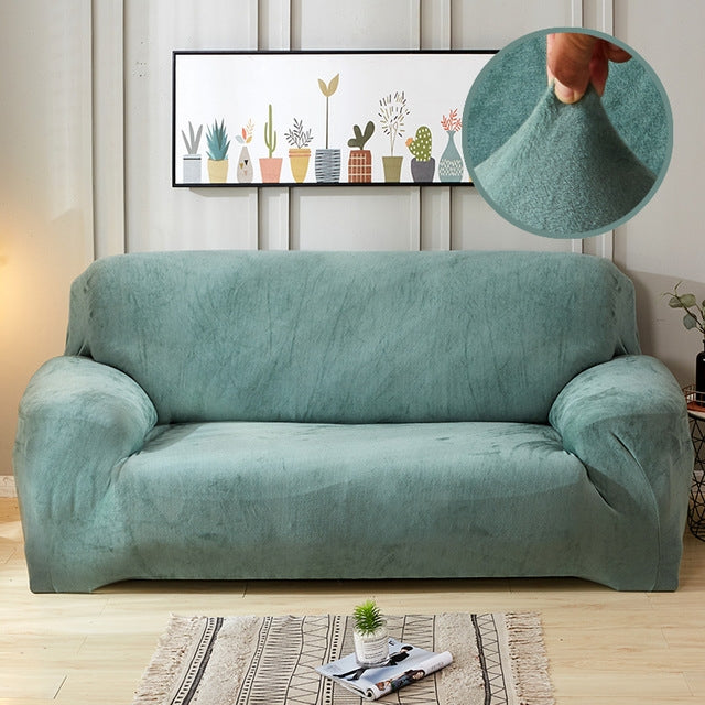 Plush sofa cover in teal, thick elastic slipcover with cushion and arm covers