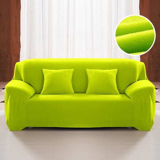 Plush sofa cover in bright green, thick elastic slipcover with cushion covers