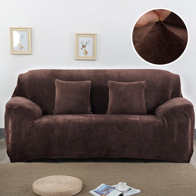 Coffee-brown plush sofa slipcover with elastic fit and thick velvety texture