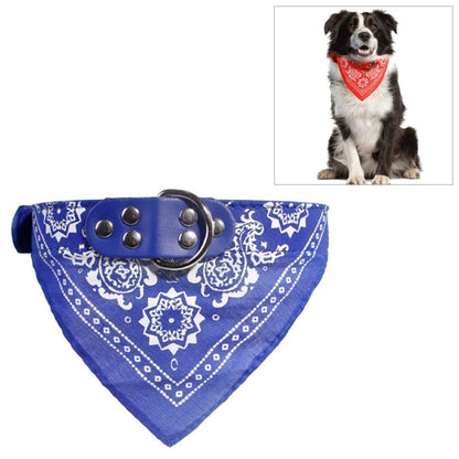 Blue printed dog bandana collar with adjustable leather-style strap and metal buckle