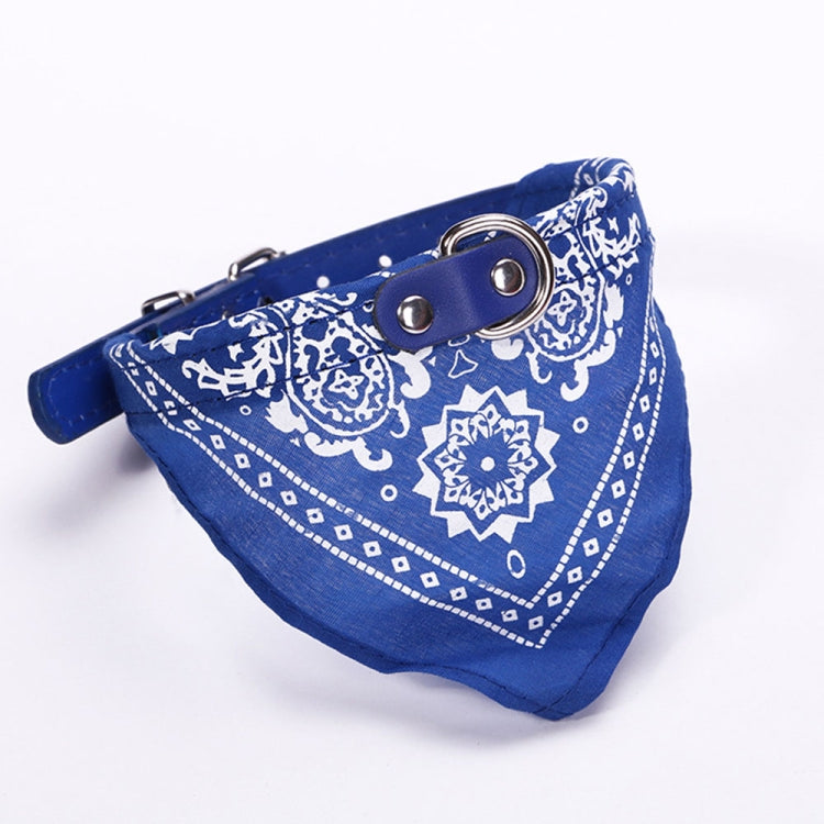 Blue bandana dog collar with white paisley print and metal buckle and strap