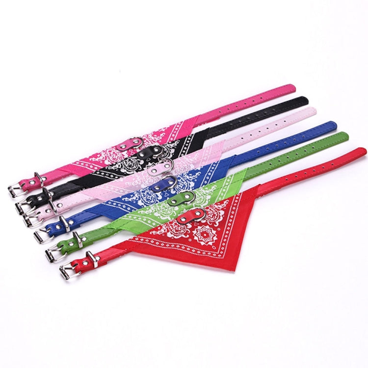 Set of printed bandana dog collars with metal buckles in pink, blue, green, and red