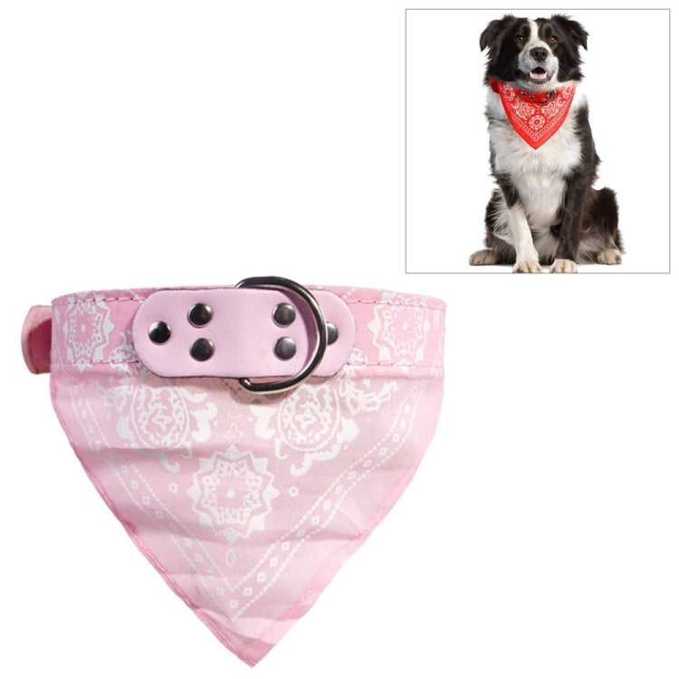 Pink printed dog bandana collar with white paisley pattern and metal buckle