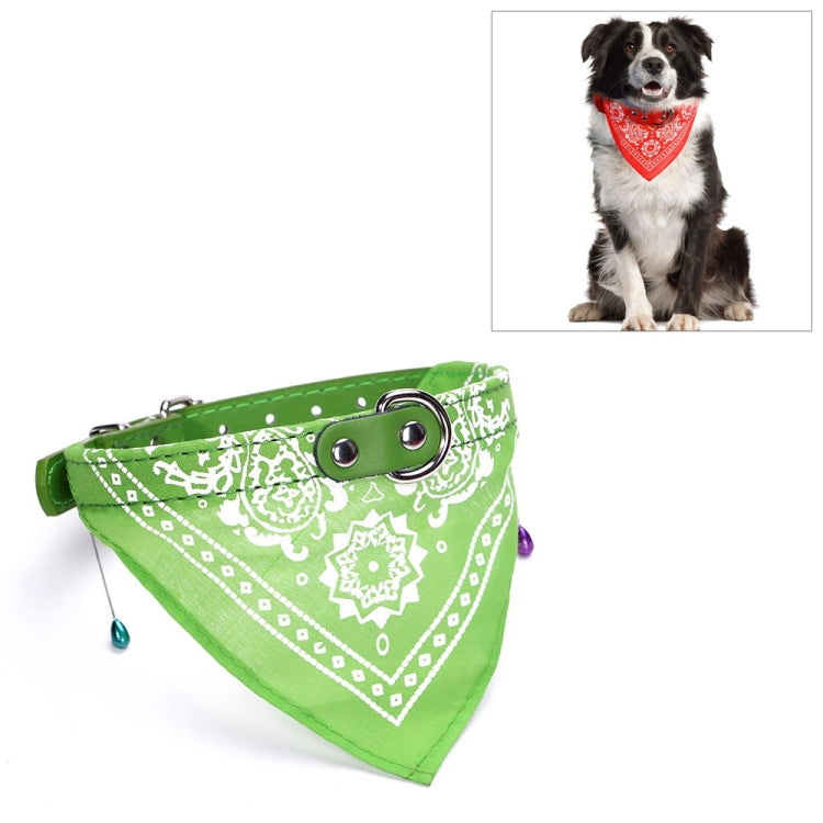 Adjustable dog bandana scarf with green paisley print and metal buckle strap