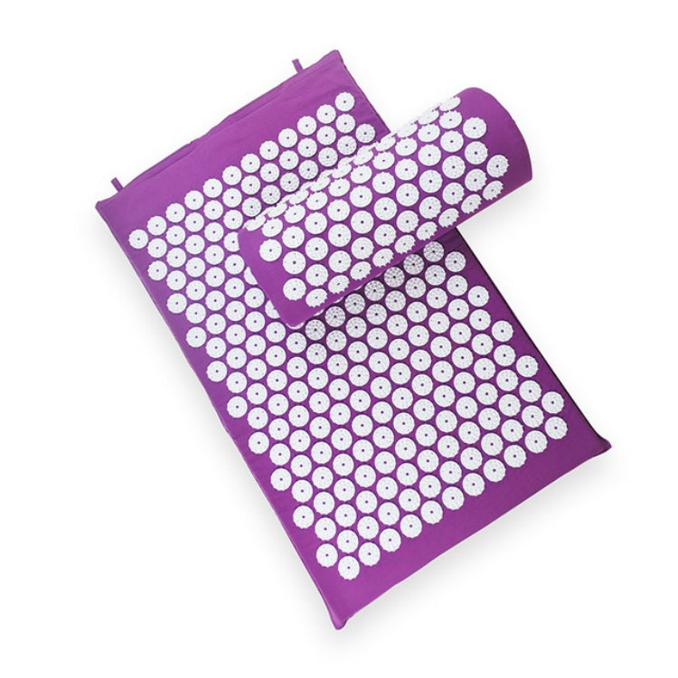 Purple acupuncture massage pad set with white circular acupoints and rolled pillow