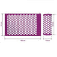 Purple acupuncture mat with white acupoints and rolled pillow; size-marked