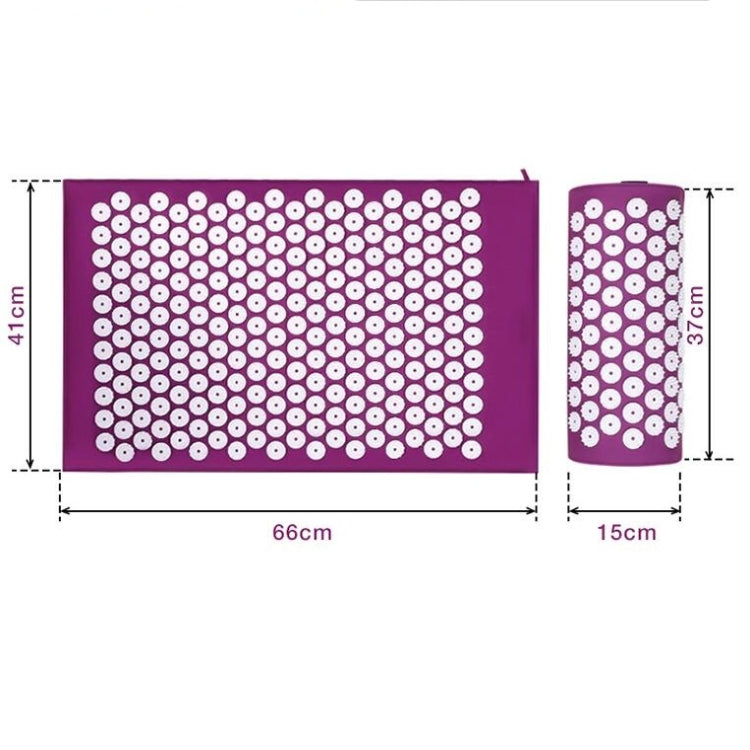 Purple acupuncture mat with white acupoints and rolled pillow; size-marked