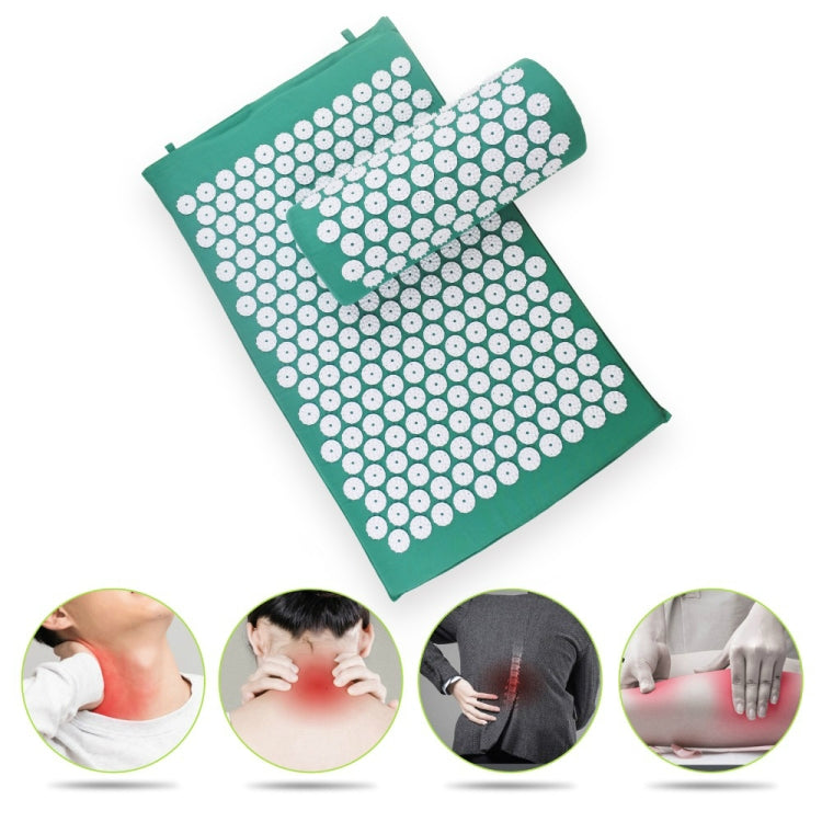 Green acupuncture massage pad and rolled pillow set with white circular acupoints
