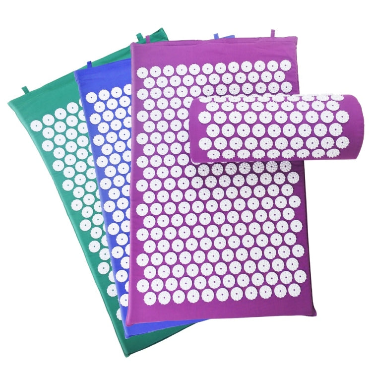 Set of purple, blue, and green acupuncture massage pads with matching rolled pillows