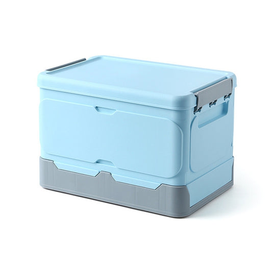 Light blue folding plastic storage box with hinged lid and front latch