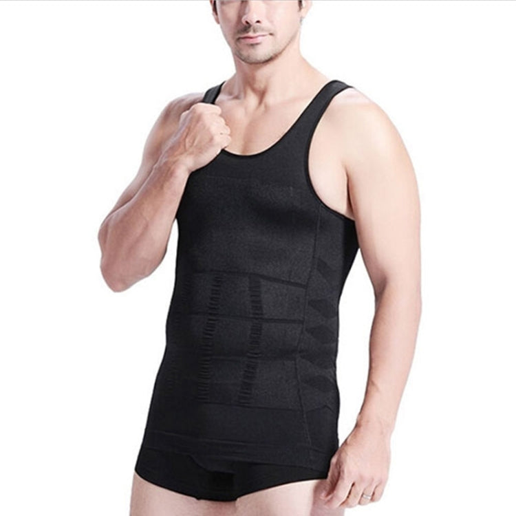 Men's black compression slimming tank vest with front paneling; sleeveless, briefs included.