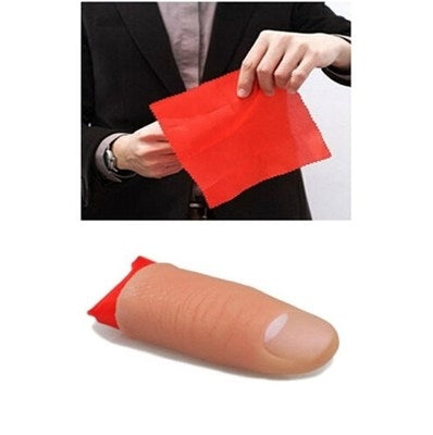 Peach rubber thumb tip on finger, gripping red scarf prop