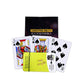 Magic trick prop with playing cards and small accessory pieces in front of box