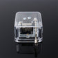 Clear acrylic DIY music box with exposed mechanism and crank spindle, front view